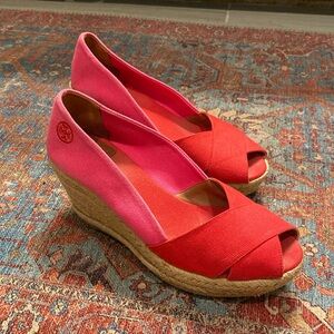 Tory Burch Filipa Colorblock Red & Pink Espadrille Wedge Peep Toe Sandals Sz 8